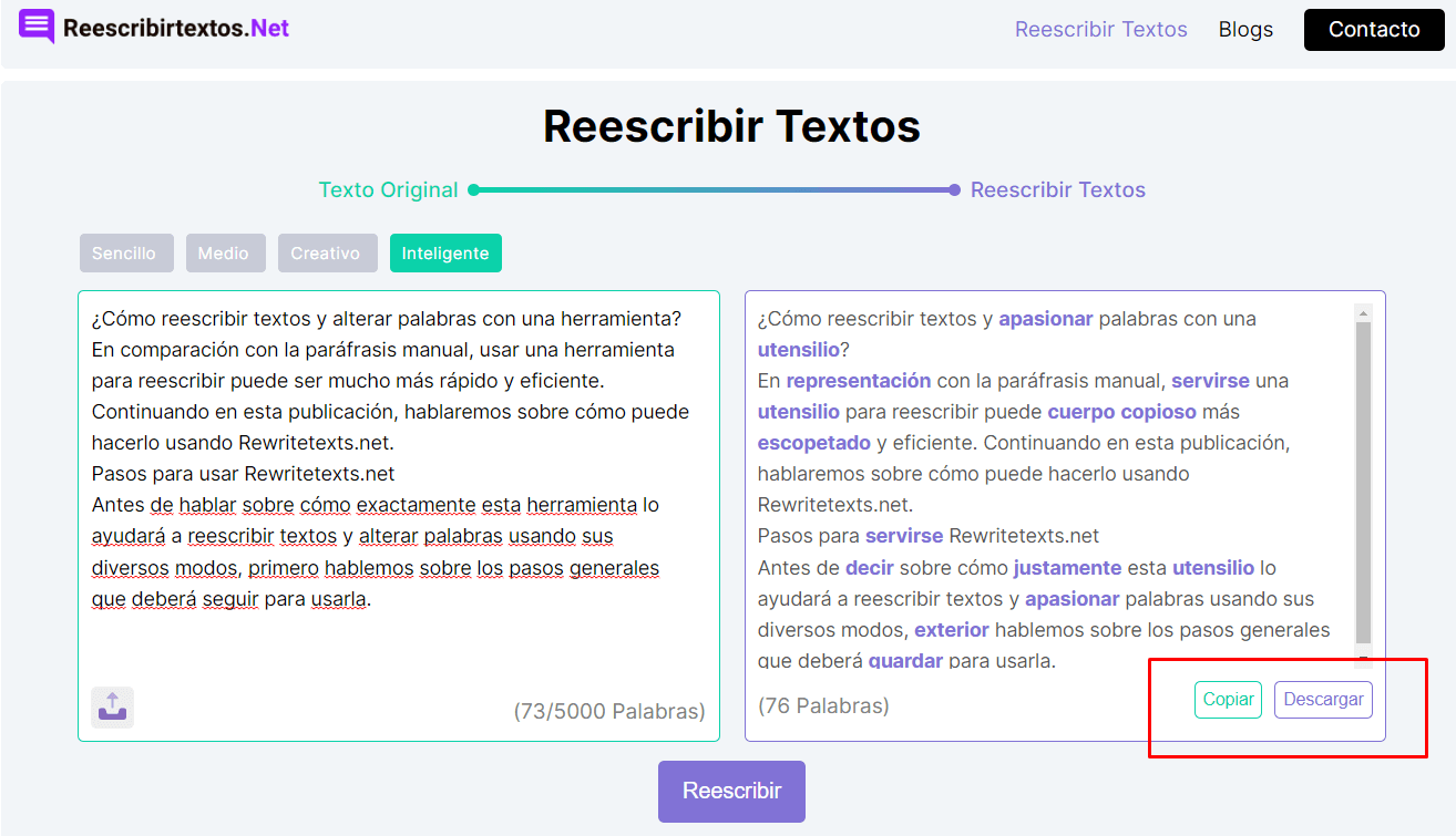 Copiar y descargar resultados de reescribir