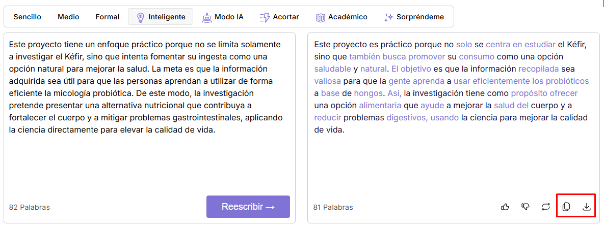 Copiar y descargar resultados de reescribir
